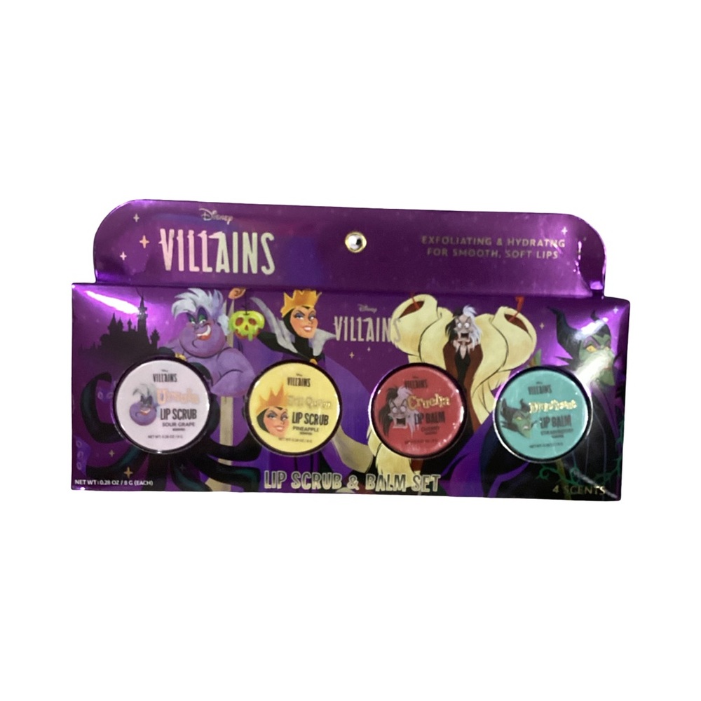 Disney Villains Lip Scrub & Balm 4pc Set Ursula, Evil Queen, Malefice, Cruella